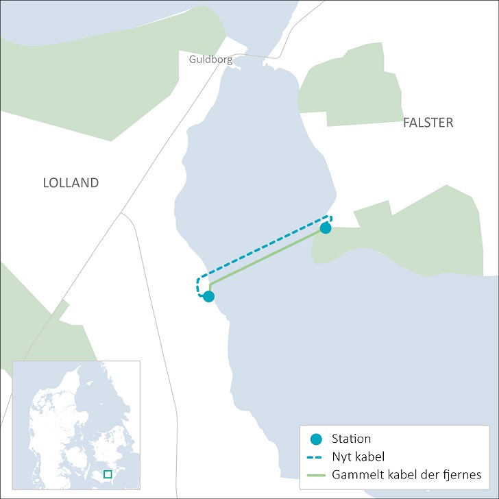 Kortet viser, hvor det nye kabel skal ligge i Guldborgsund, og hvor det gamle kabel skal tages op