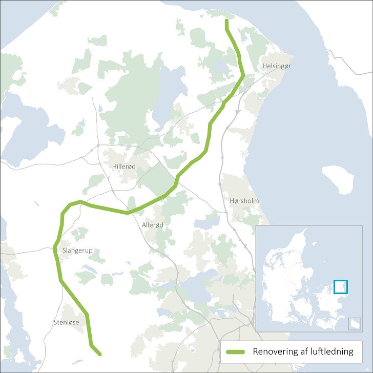 Kortet viser området i Nordsjælland, hvor luftledninger bliver renoveret
