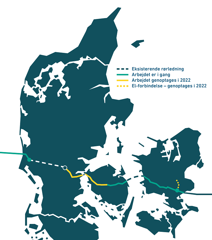 Kortet over Danmark viser, hvor arbejdet med Baltic Pipe er i gang, og hvor det først kan genoptages i 2022