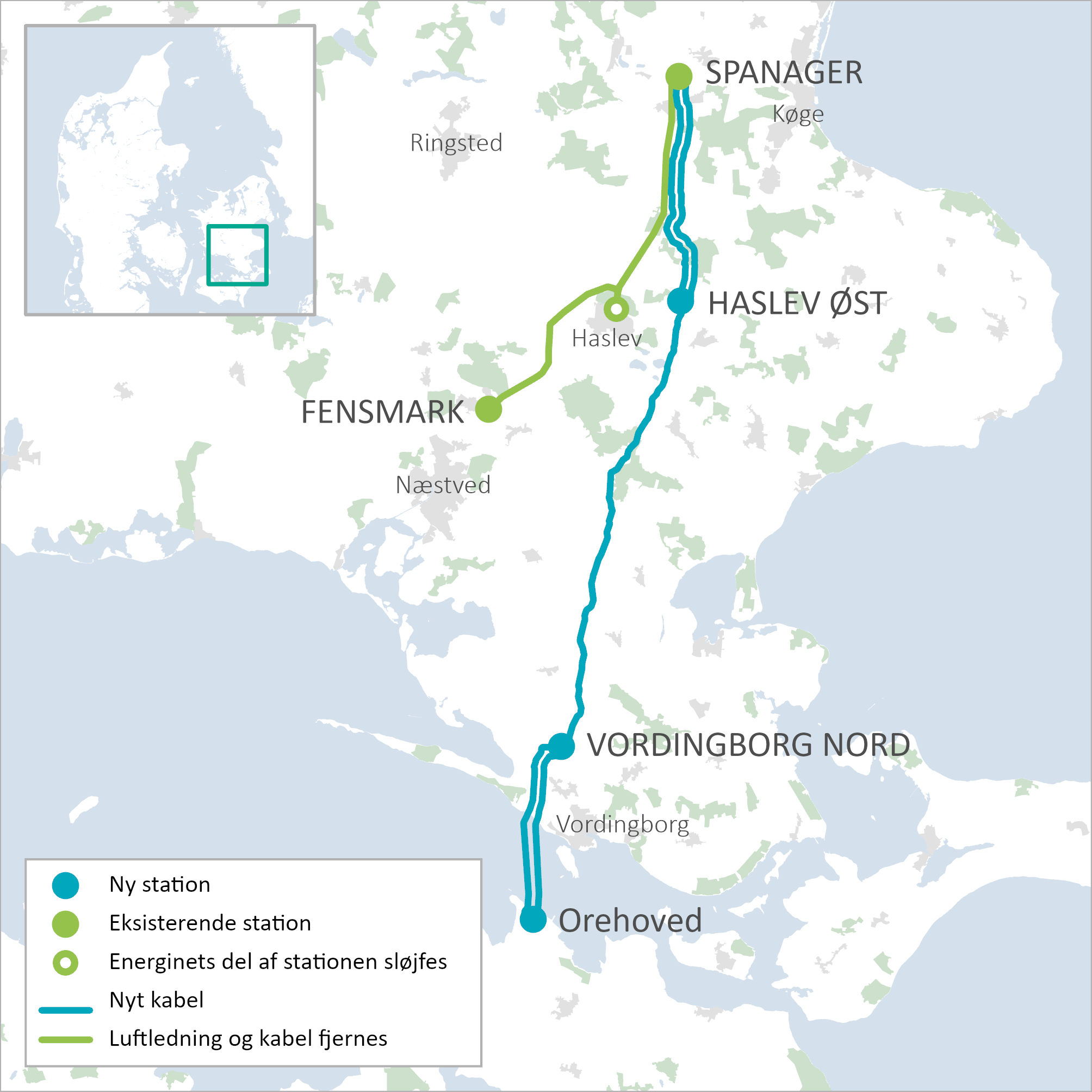 Kort der viser projektet fra Spanager ved Køge til Orehoved på Nordfalster