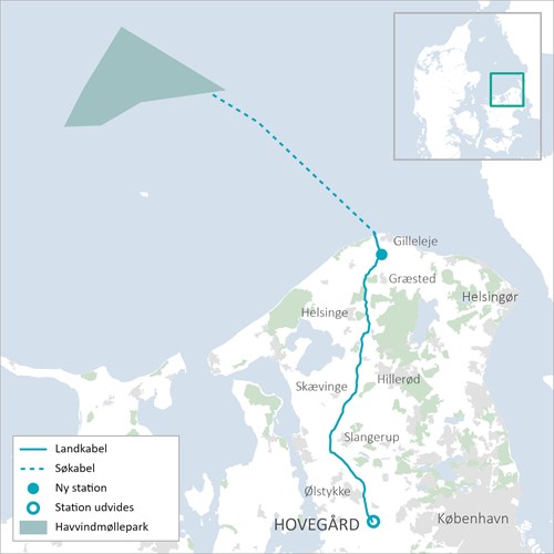 Oversigtskort over Hesselø Havmøllepark og landanlæg