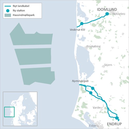 Kort over nyt forslag til landanlæg til Nordsøen I